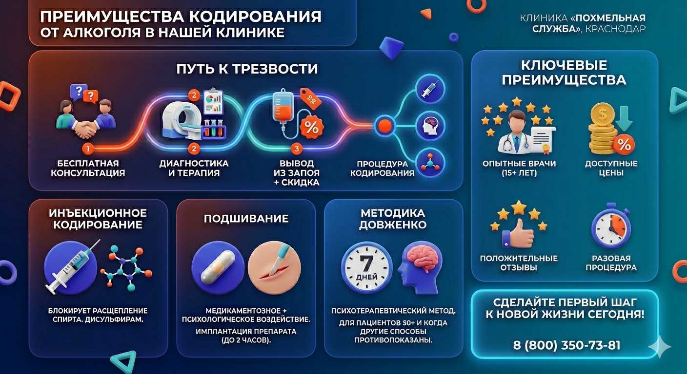 Инфографика о методах кодирования от алкоголя в Гурьевске: инъекции, подшивание, метод Довженко. Преимущества клиники и этапы лечения.
